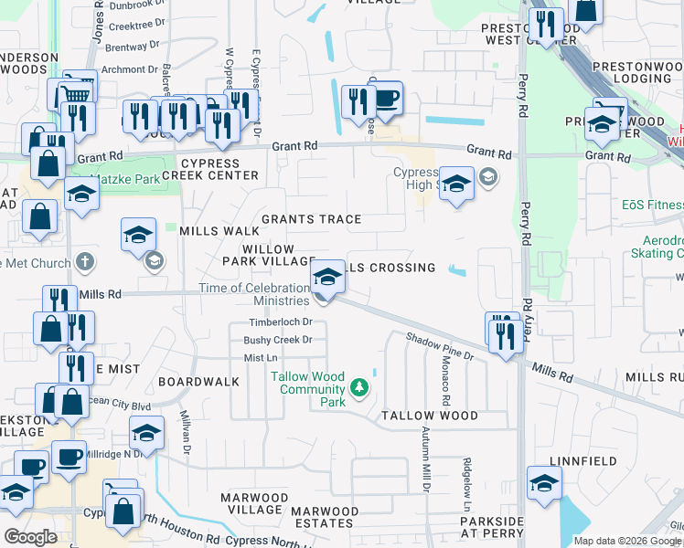 map of restaurants, bars, coffee shops, grocery stores, and more near 12835 Mills Breeze Drive in Houston