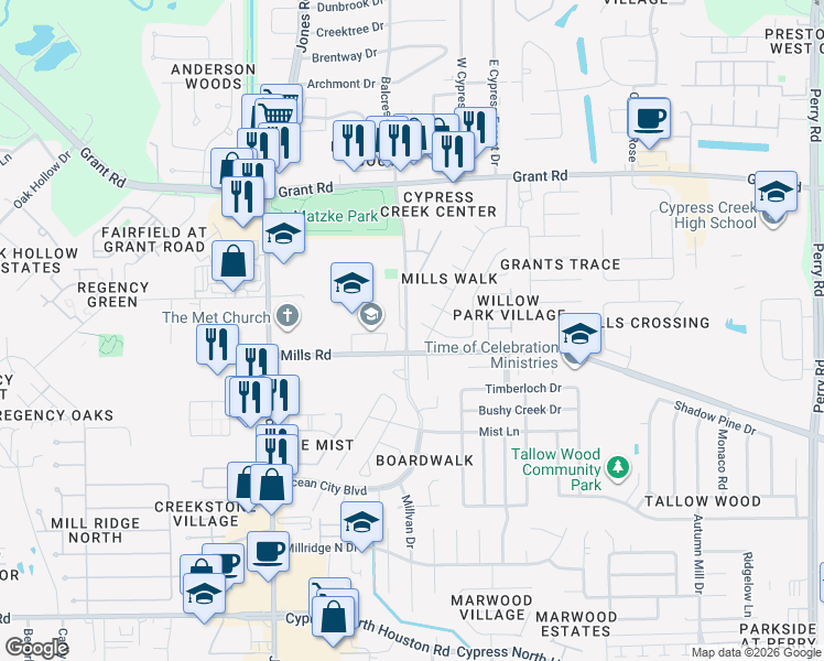 map of restaurants, bars, coffee shops, grocery stores, and more near 10651 Mills Circle in Houston