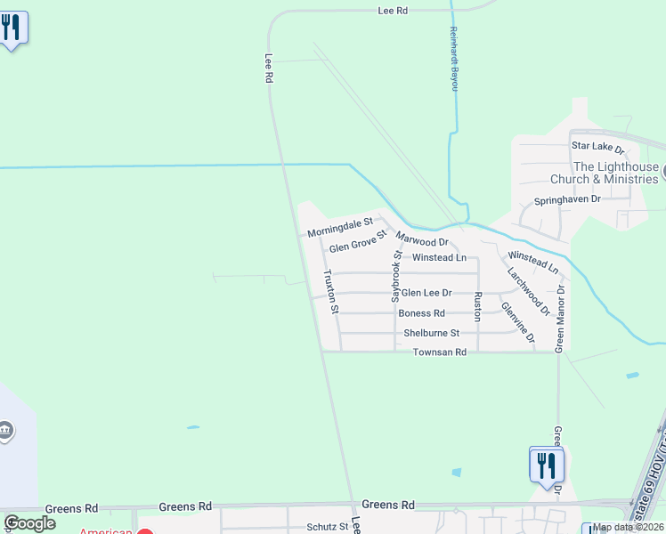 map of restaurants, bars, coffee shops, grocery stores, and more near 5826 Glen Grove Street in Humble