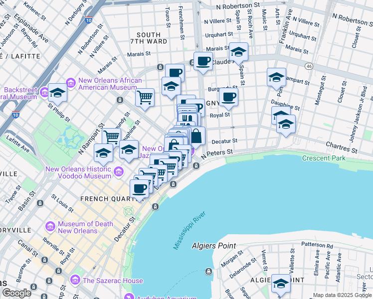 map of restaurants, bars, coffee shops, grocery stores, and more near Esplanade Avenue & Decatur Street in New Orleans