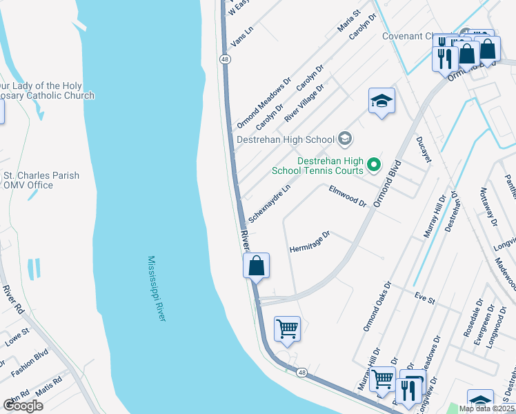 map of restaurants, bars, coffee shops, grocery stores, and more near 121 Schexnaydre Lane in Destrehan
