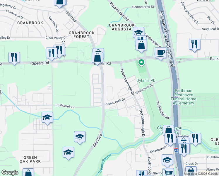 map of restaurants, bars, coffee shops, grocery stores, and more near 721 North Ella Creek Drive in Houston