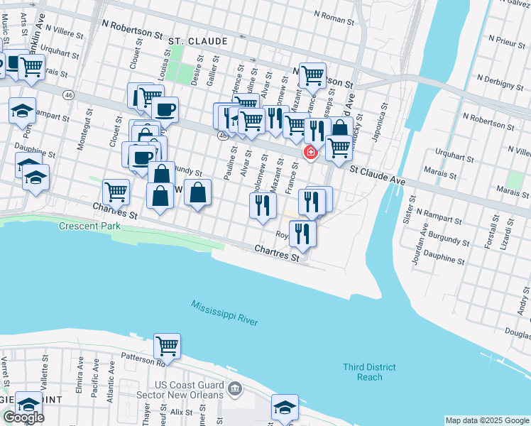 map of restaurants, bars, coffee shops, grocery stores, and more near 4011 Dauphine Street in New Orleans