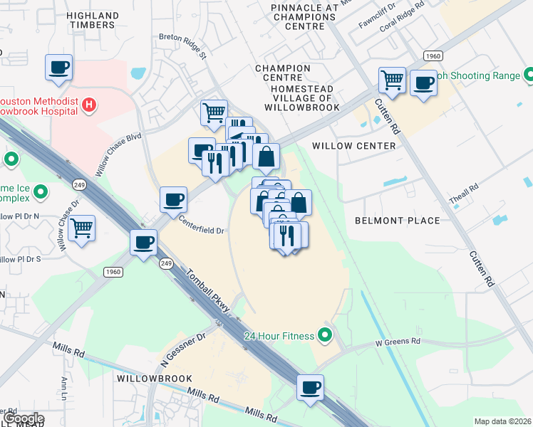 map of restaurants, bars, coffee shops, grocery stores, and more near 3000 Willowbrook Drive in Houston