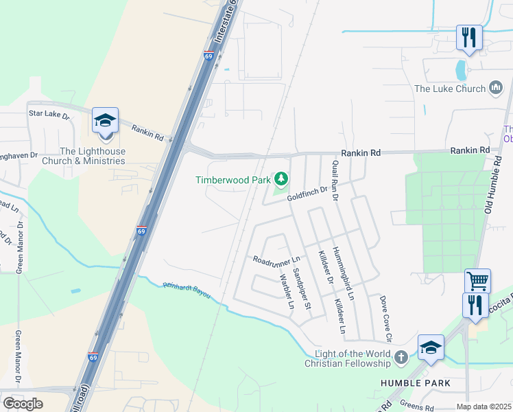 map of restaurants, bars, coffee shops, grocery stores, and more near 2674 Lark Lane in Humble