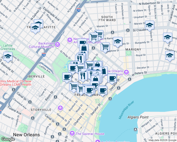 map of restaurants, bars, coffee shops, grocery stores, and more near 1022 Burgundy Street in New Orleans