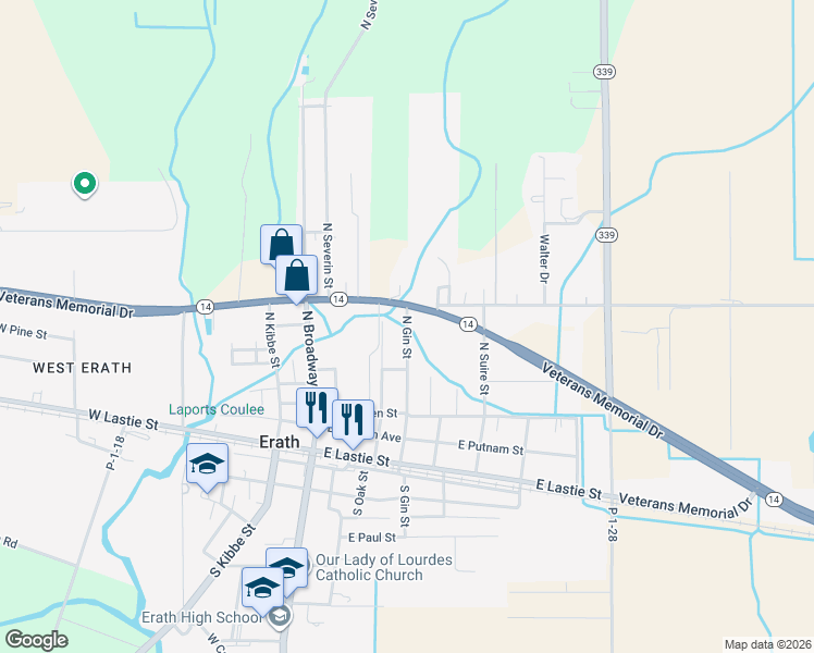 map of restaurants, bars, coffee shops, grocery stores, and more near 599 N Gin St in Erath