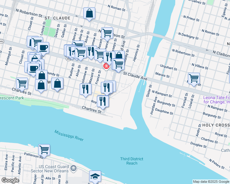 map of restaurants, bars, coffee shops, grocery stores, and more near 4501 Burgundy Street in New Orleans