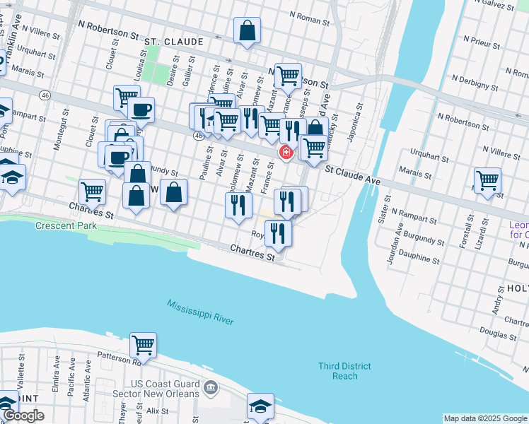 map of restaurants, bars, coffee shops, grocery stores, and more near 820 France Street in New Orleans