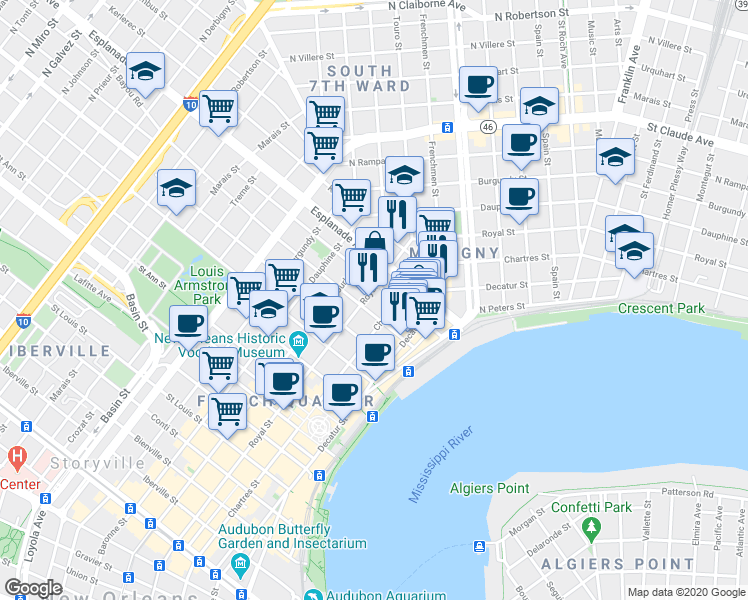 map of restaurants, bars, coffee shops, grocery stores, and more near 623 Barracks Street in New Orleans