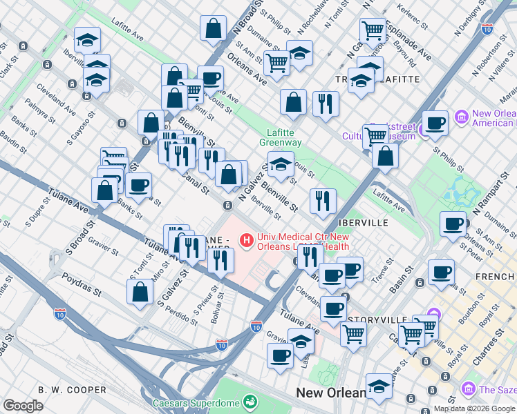 map of restaurants, bars, coffee shops, grocery stores, and more near 2112 Iberville Street in New Orleans