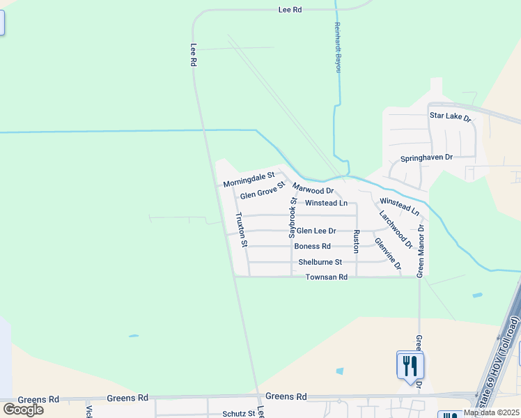 map of restaurants, bars, coffee shops, grocery stores, and more near 5919 Woodview Drive in Humble