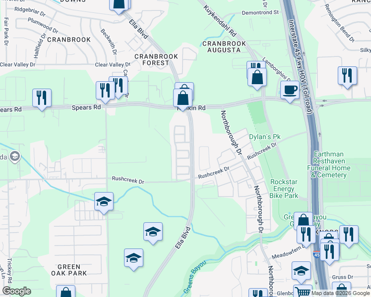 map of restaurants, bars, coffee shops, grocery stores, and more near 823 Green Pines Forest in Houston