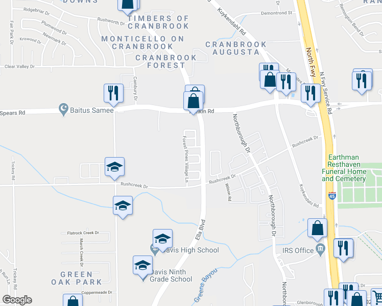 map of restaurants, bars, coffee shops, grocery stores, and more near 823 Green Pines Forest in Houston
