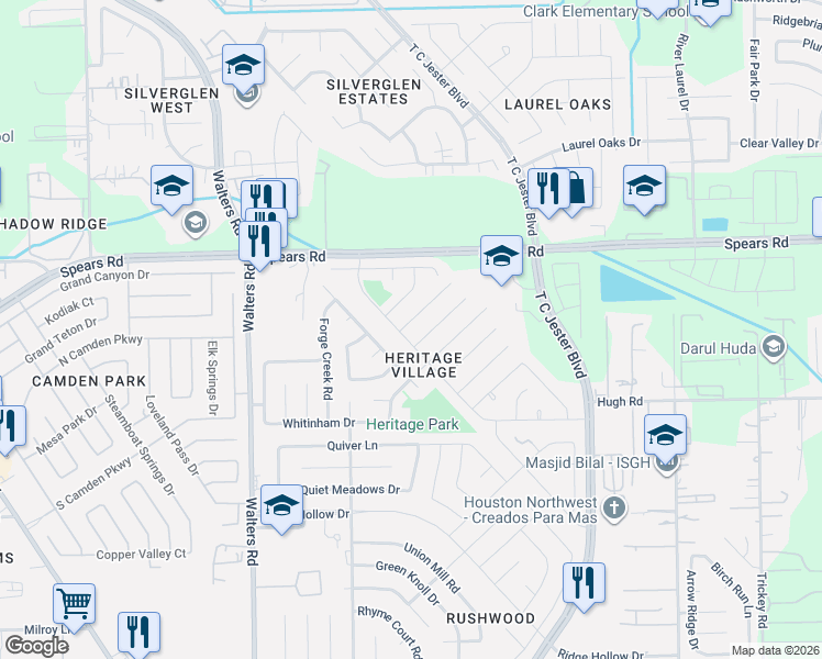 map of restaurants, bars, coffee shops, grocery stores, and more near 2463 Brandy Mill Road in Houston