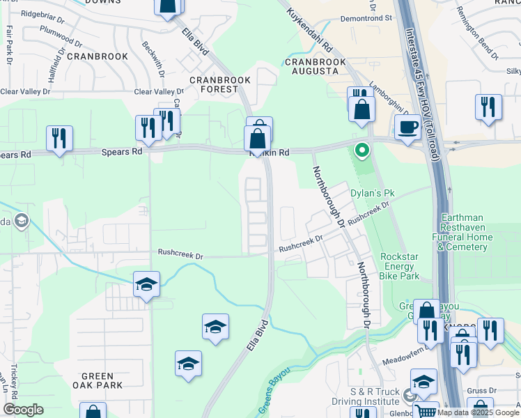 map of restaurants, bars, coffee shops, grocery stores, and more near 823 Green Pines Forest in Houston
