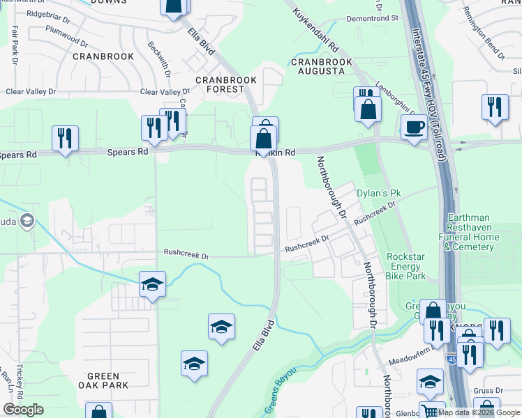 map of restaurants, bars, coffee shops, grocery stores, and more near 823 Green Pines Forest in Houston