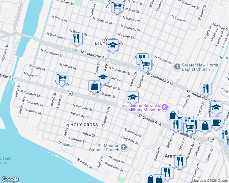 map of restaurants, bars, coffee shops, grocery stores, and more near 1224 Charbonnet Street in New Orleans