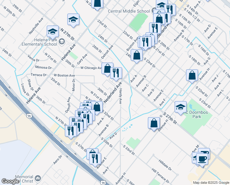 map of restaurants, bars, coffee shops, grocery stores, and more near 2907 Nederland Avenue in Nederland