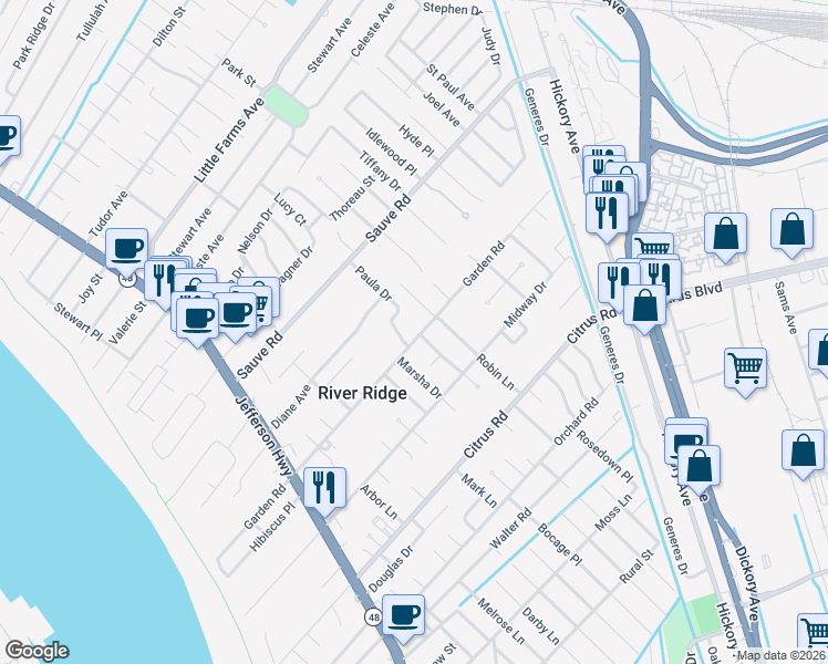 map of restaurants, bars, coffee shops, grocery stores, and more near 9628 Robin Lane in River Ridge