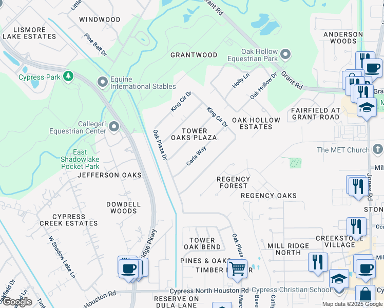 map of restaurants, bars, coffee shops, grocery stores, and more near 13003 Carla Way in Cypress