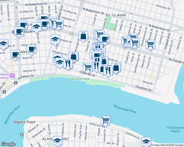 map of restaurants, bars, coffee shops, grocery stores, and more near in New Orleans