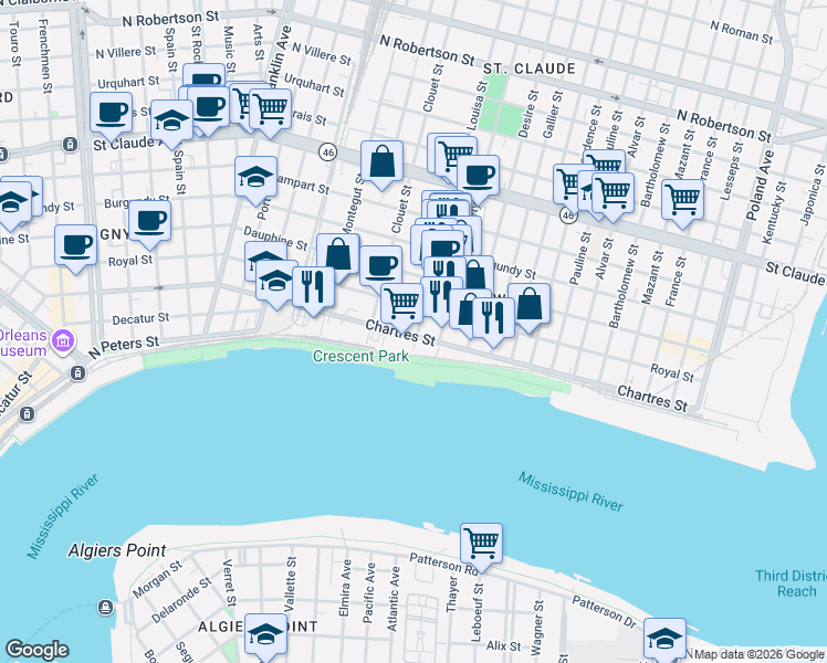 map of restaurants, bars, coffee shops, grocery stores, and more near in New Orleans