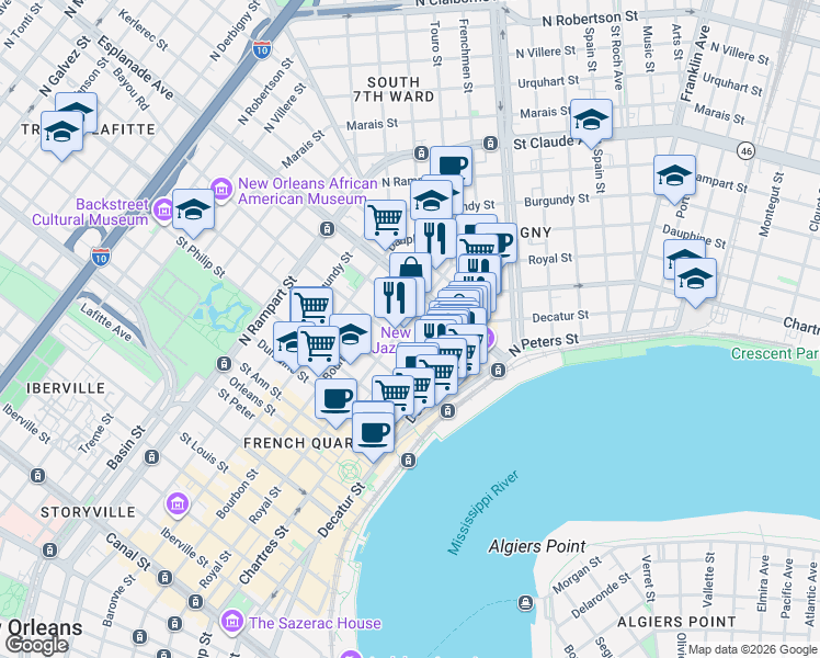 map of restaurants, bars, coffee shops, grocery stores, and more near 623 Barracks Street in New Orleans