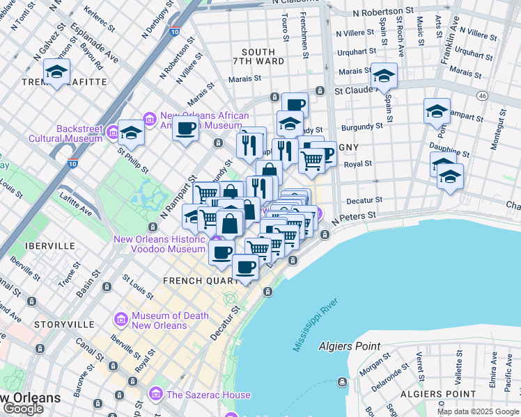 map of restaurants, bars, coffee shops, grocery stores, and more near 721 Governor Nicholls Street in New Orleans