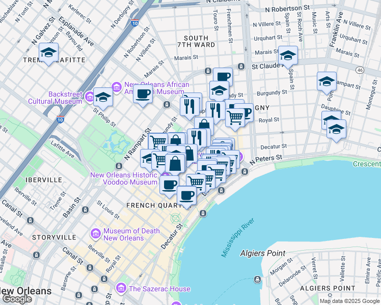 map of restaurants, bars, coffee shops, grocery stores, and more near in New Orleans
