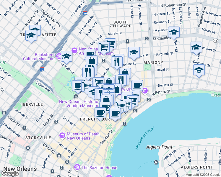 map of restaurants, bars, coffee shops, grocery stores, and more near 825 Ursulines Avenue in New Orleans