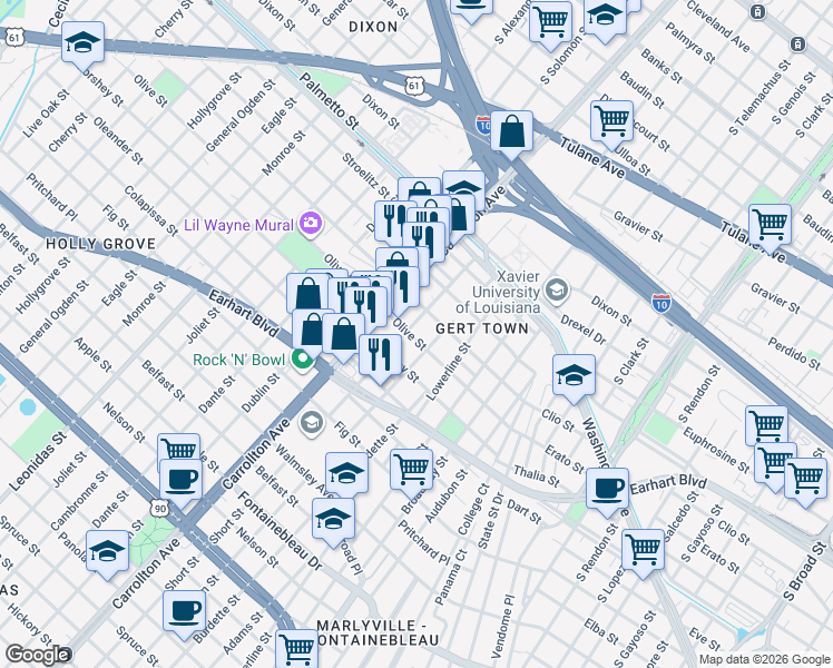 map of restaurants, bars, coffee shops, grocery stores, and more near 3424 Fern Street in New Orleans