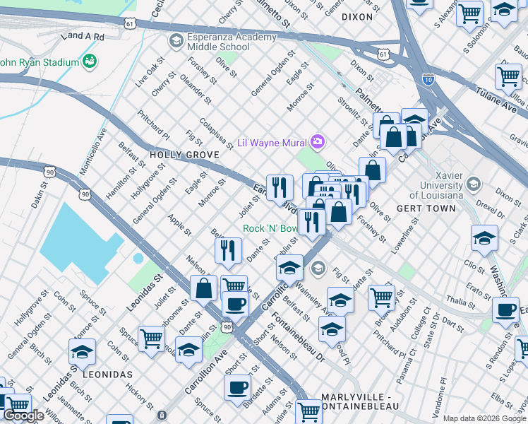 map of restaurants, bars, coffee shops, grocery stores, and more near 2940 Cambronne Street in New Orleans