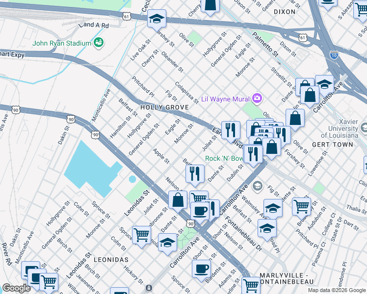 map of restaurants, bars, coffee shops, grocery stores, and more near 8601 Apricot Street in New Orleans