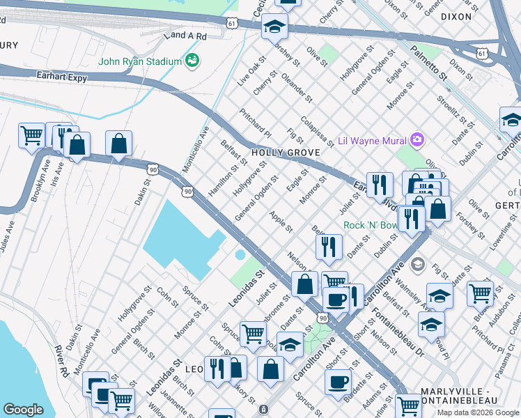 map of restaurants, bars, coffee shops, grocery stores, and more near 2518 General Ogden Street in New Orleans
