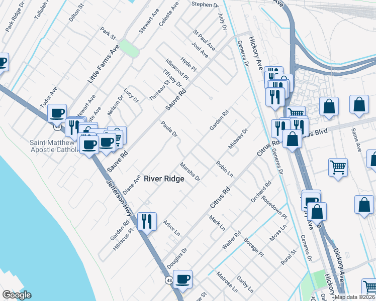 map of restaurants, bars, coffee shops, grocery stores, and more near 9628 Robin Lane in River Ridge