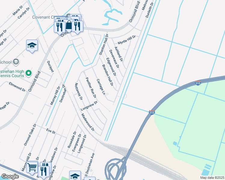 map of restaurants, bars, coffee shops, grocery stores, and more near 55 Brandon Hall Drive in Destrehan