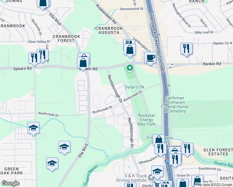 map of restaurants, bars, coffee shops, grocery stores, and more near 13503 Northborough Drive in Houston