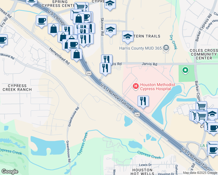 map of restaurants, bars, coffee shops, grocery stores, and more near 25202 Northwest Freeway in Cypress