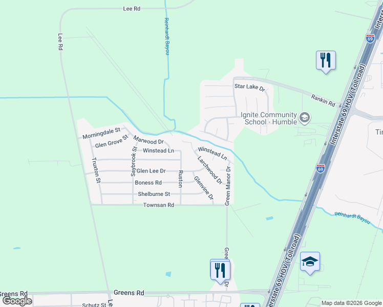 map of restaurants, bars, coffee shops, grocery stores, and more near 16631 Larchwood Drive in Humble