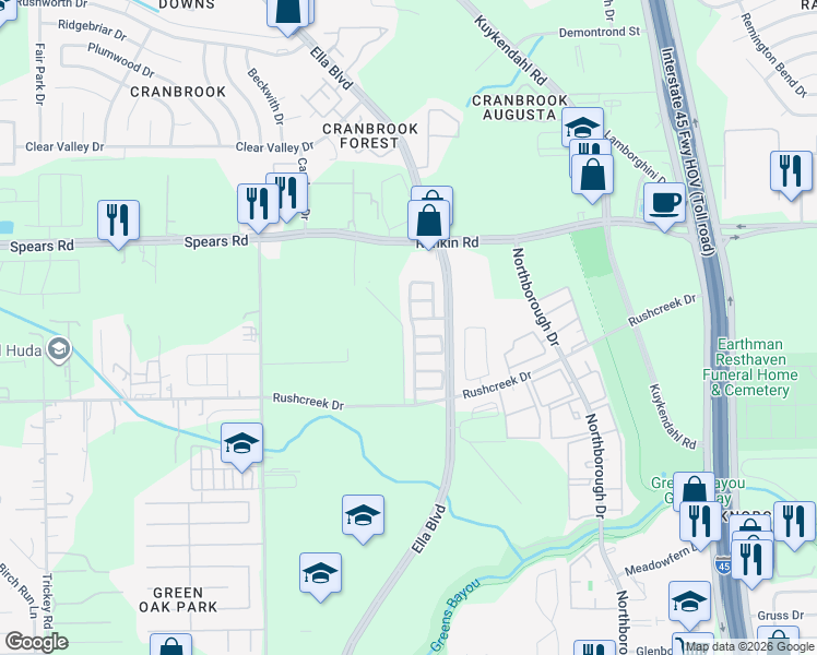 map of restaurants, bars, coffee shops, grocery stores, and more near 13503 Forest Pines Village Lane in Houston