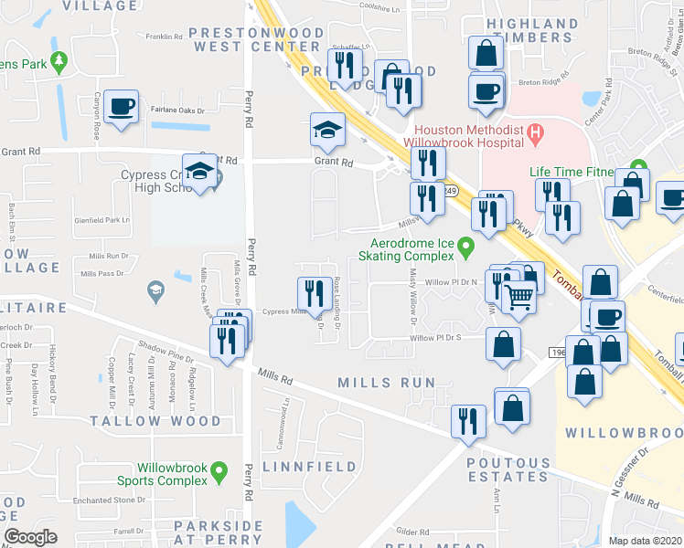 map of restaurants, bars, coffee shops, grocery stores, and more near 13050 Rose Landing Drive in Houston