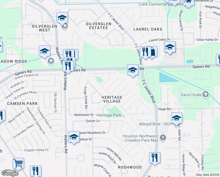map of restaurants, bars, coffee shops, grocery stores, and more near 2463 Brandy Mill Rd in Houston