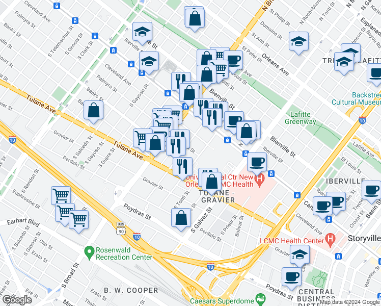 map of restaurants, bars, coffee shops, grocery stores, and more near 2526 Palmyra Street in New Orleans
