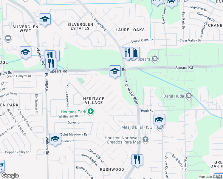 map of restaurants, bars, coffee shops, grocery stores, and more near 2410 Colton Hollow Drive in Houston