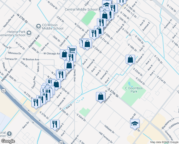 map of restaurants, bars, coffee shops, grocery stores, and more near 2621 Avenue B in Nederland