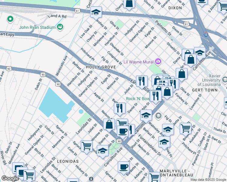 map of restaurants, bars, coffee shops, grocery stores, and more near 8601 Apricot Street in New Orleans