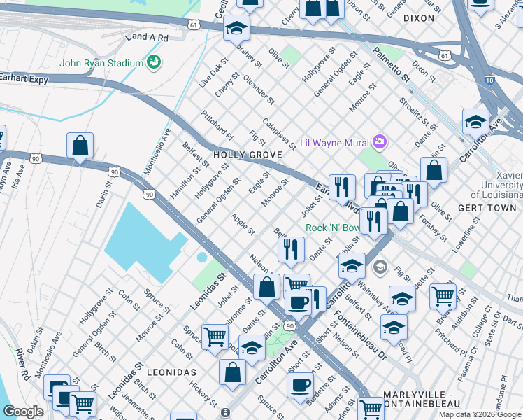 map of restaurants, bars, coffee shops, grocery stores, and more near 8701 Belfast Street in New Orleans