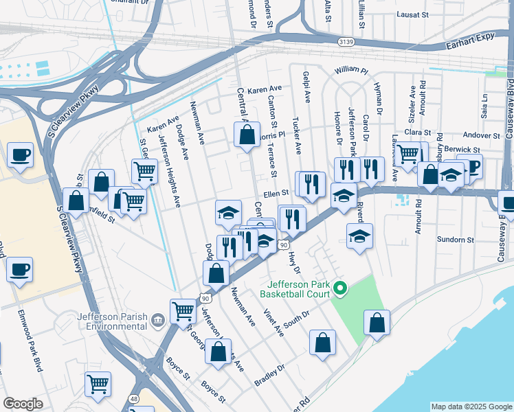 map of restaurants, bars, coffee shops, grocery stores, and more near 574 Central Avenue in Jefferson