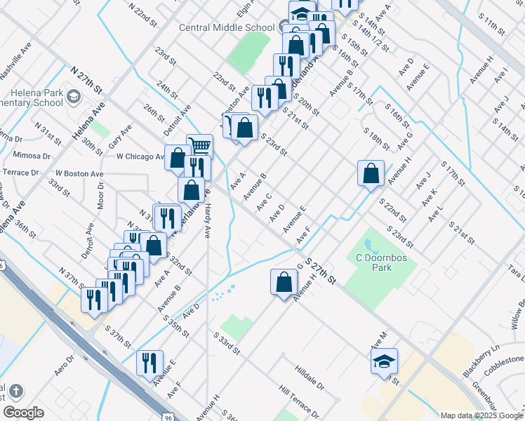 map of restaurants, bars, coffee shops, grocery stores, and more near 2611 Avenue C in Nederland